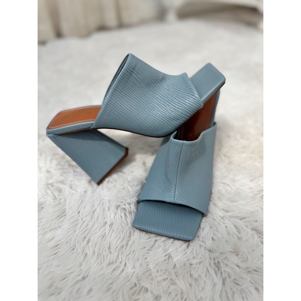 ASOS Design Pale Blue Textured Leather Block Heel Mule Sandals Size 6